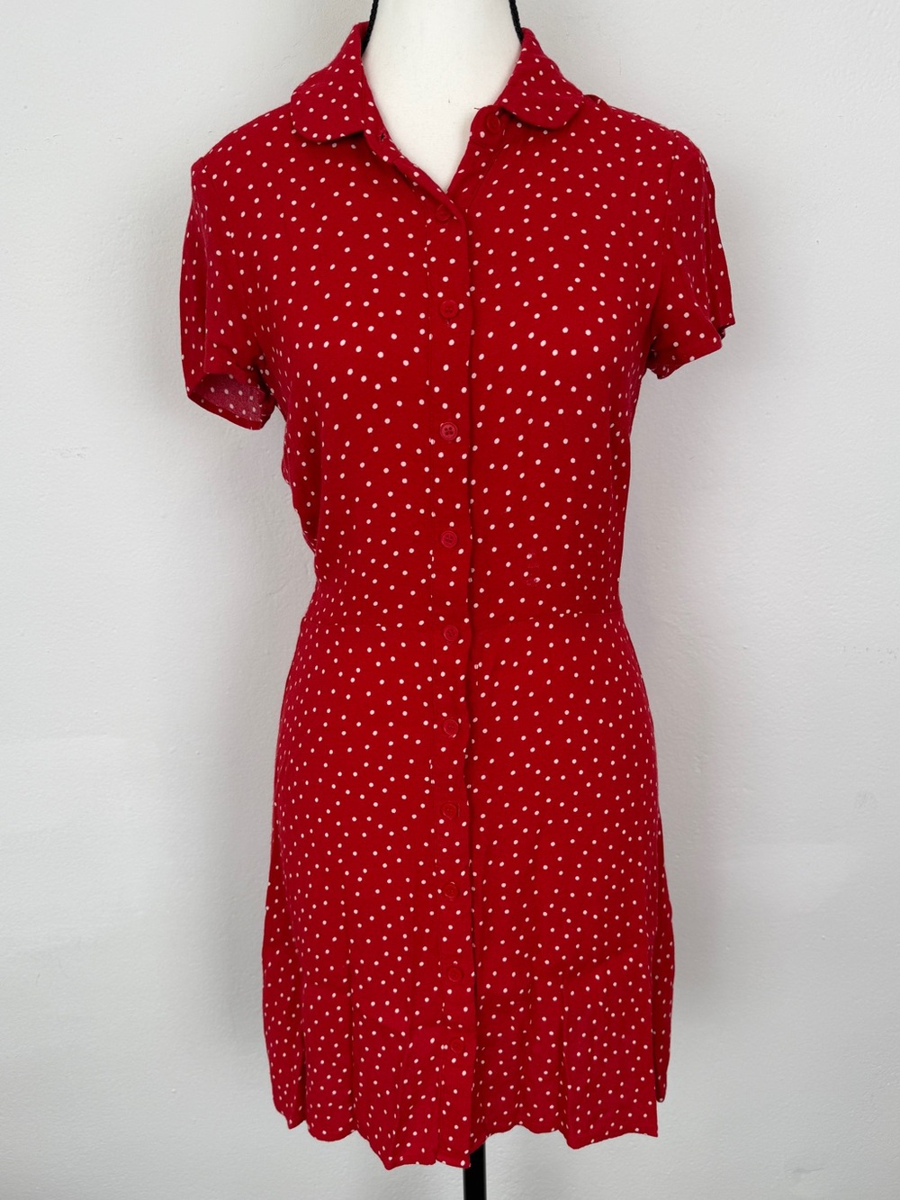 Reformation Size 6 Noble Red Polka Dot Button Front Short Sleeve Mini Dress